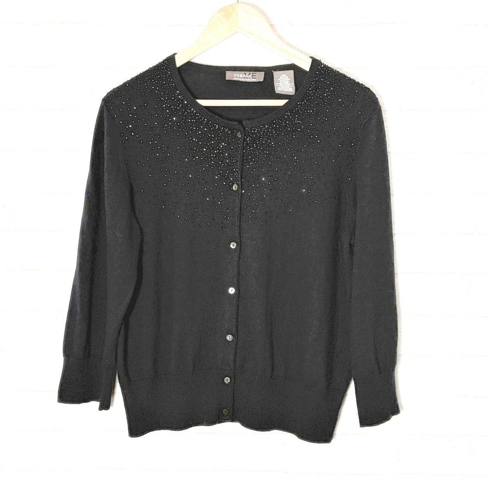 Womens Black Lambswool Cashmere Beaded Cardigan Size XL Holiday Elevated Career - Picture 2 of 10